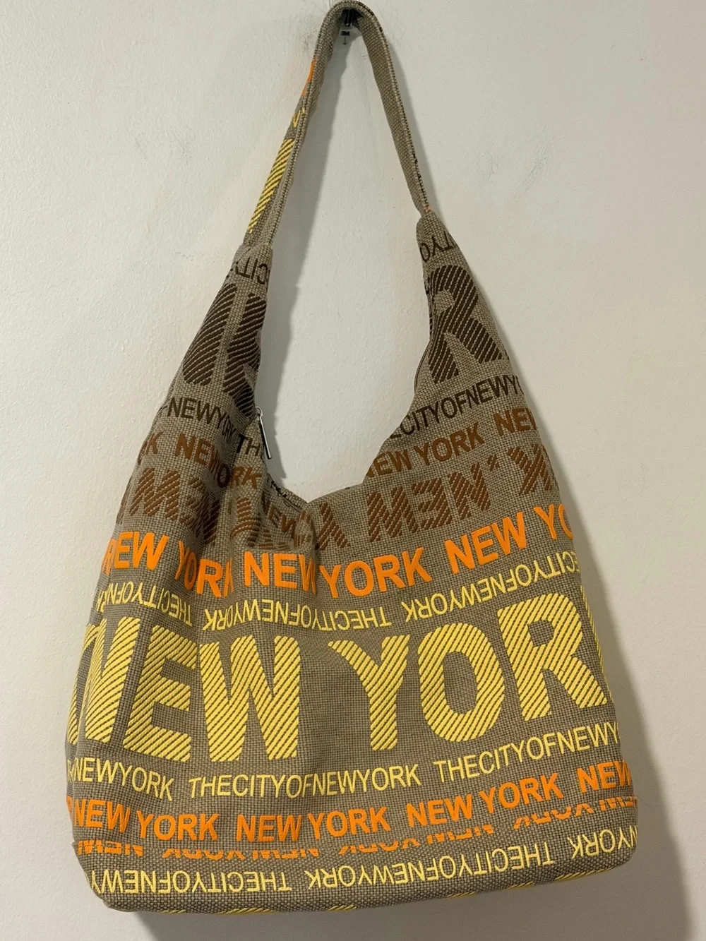 Robin Ruth Tan Tote with Yellow and Orange Text New York